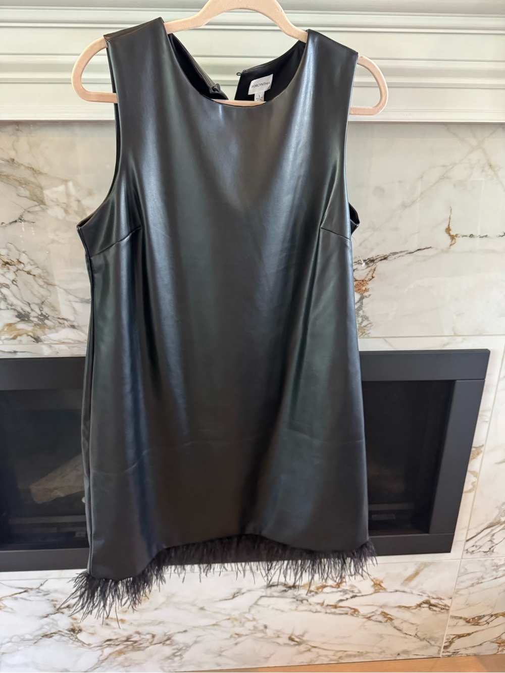 For Cynthia Black Faux Leather Shift Dress with Feather Trim